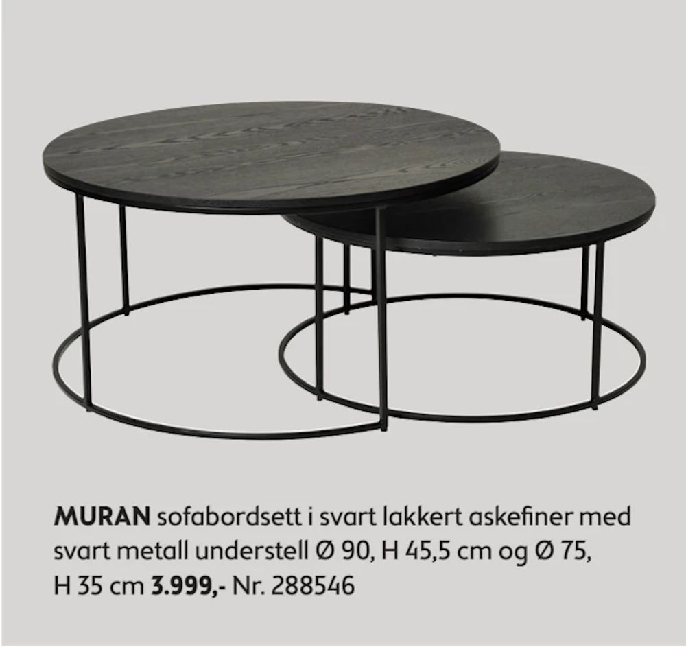 Tilbud på MURAN sofabordsett i svart lakkert askefiner med svart metall understell fra Bohus til 3 999 kr