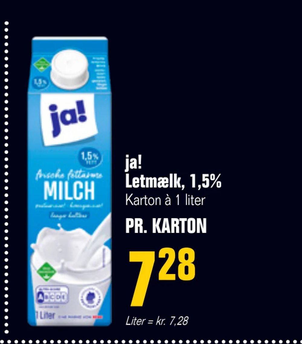 Tilbud på ja! Letmælk, 1,5% fra Otto Duborg til 7,28 kr.