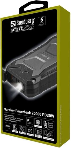 Sandberg Active Survivor - Powerbank - 20000 mAh - 74 Wh - 30 Watt - 3 A - PD, QC 3.0 - 3 output-stikforbindelser (2 x USB, 24 pin USB-C) - på kabel: