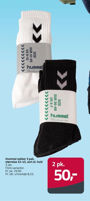Hummel sokker 3 pak, størrelse 32-45, sort el. hvid