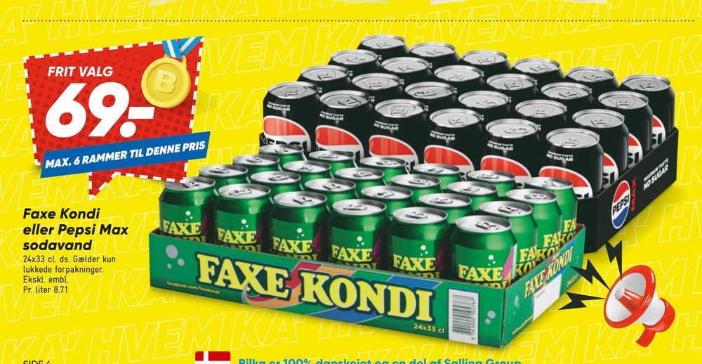 Tilbud på Faxe Kondi eller Pepsi Max sodavand fra Bilka til 69 kr.