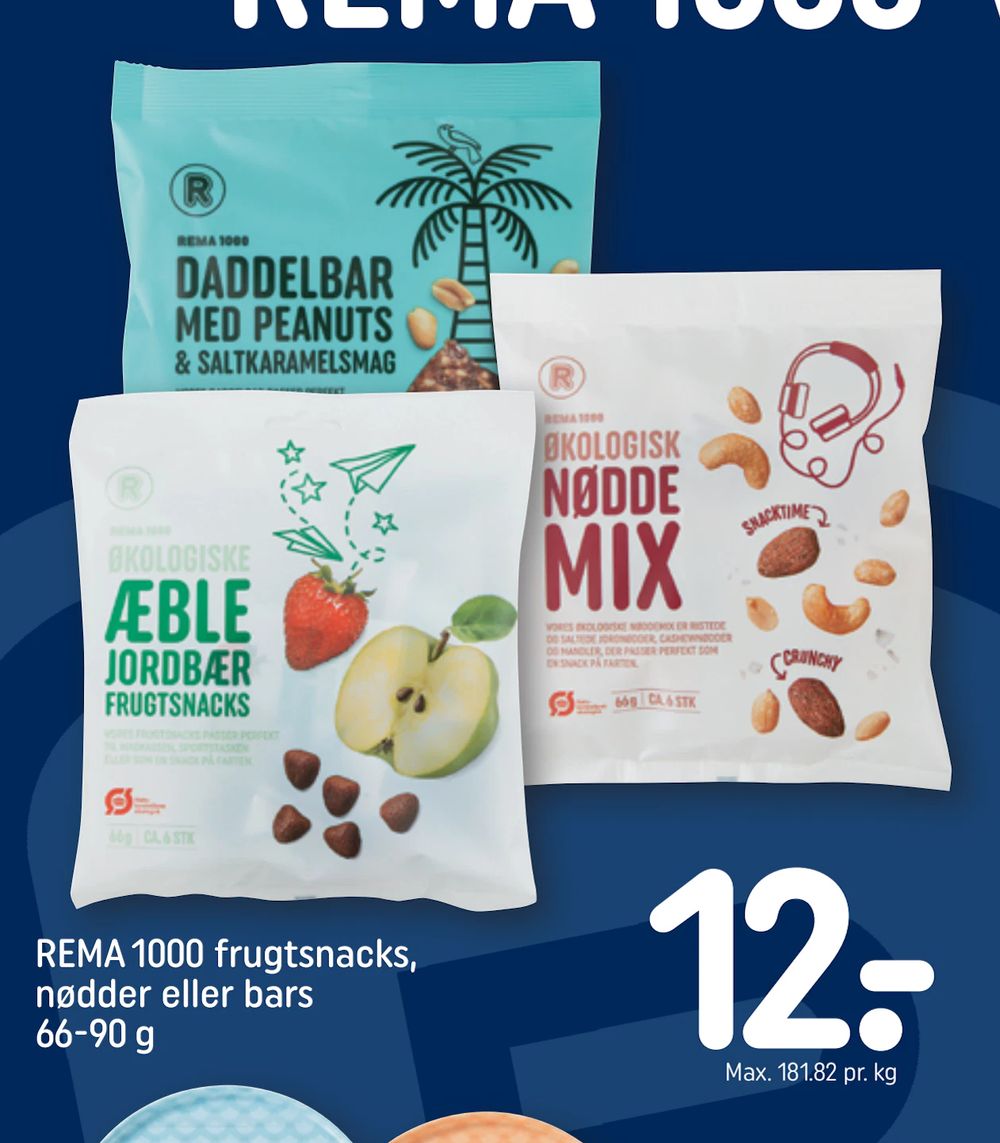 Tilbud på REMA 1000 frugtsnacks, nødder eller bars 66-90 g fra REMA 1000 til 12 kr.
