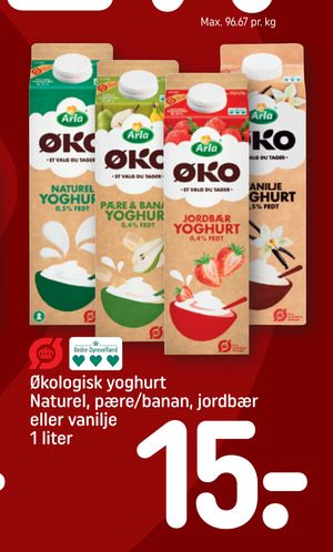 Økologisk yoghurt Naturel, pære/banan, jordbær eller vanilje 1 liter