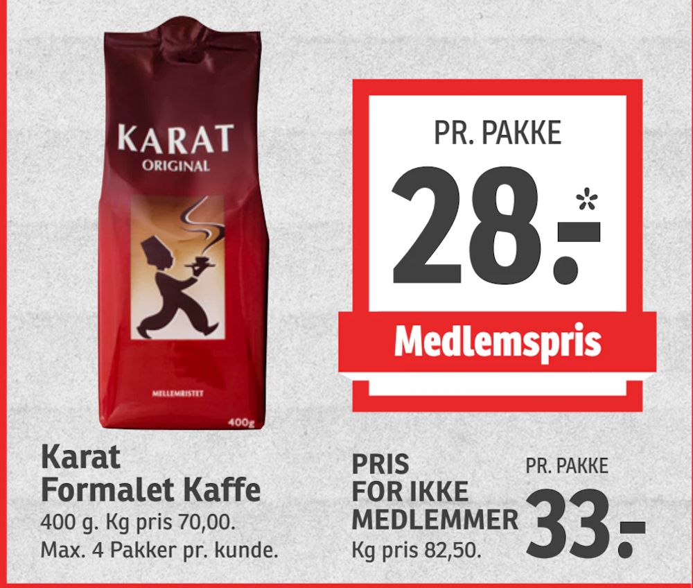 Tilbud på Karat Formalet Kaffe fra SPAR til 33 kr.