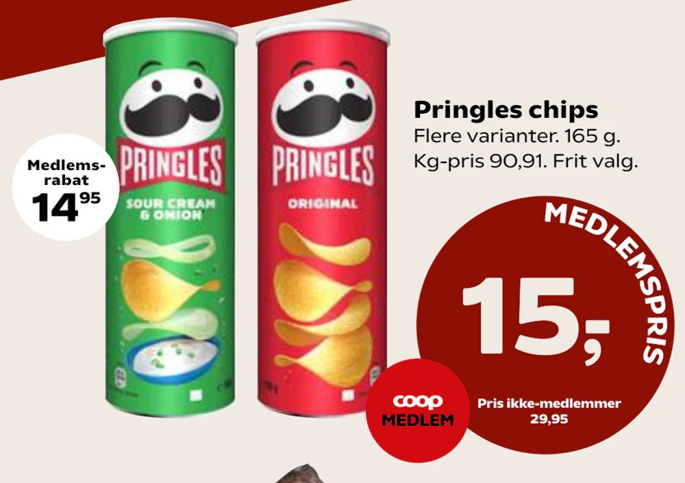 Tilbud på Pringles chips fra Kvickly til 29,95 kr.