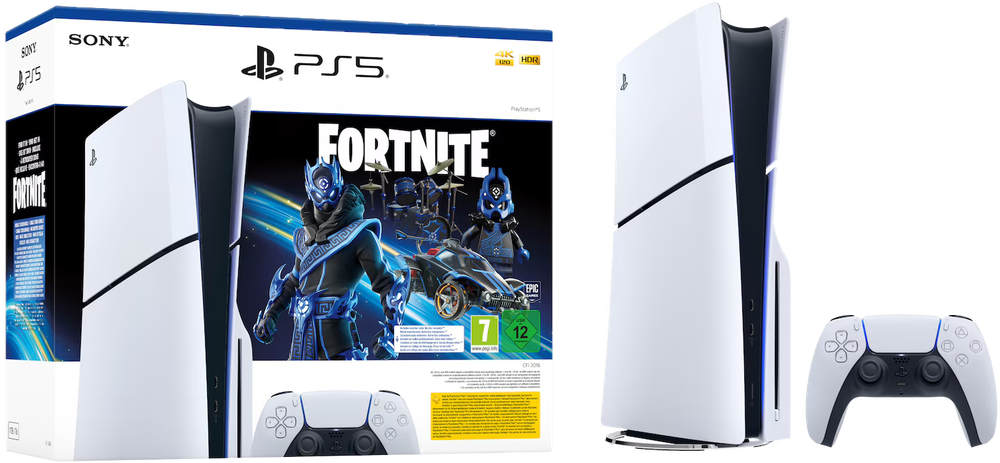 Tilbud på PS5 Slim Standard Fortnite Bundle fra Elgiganten til 3.699 kr.