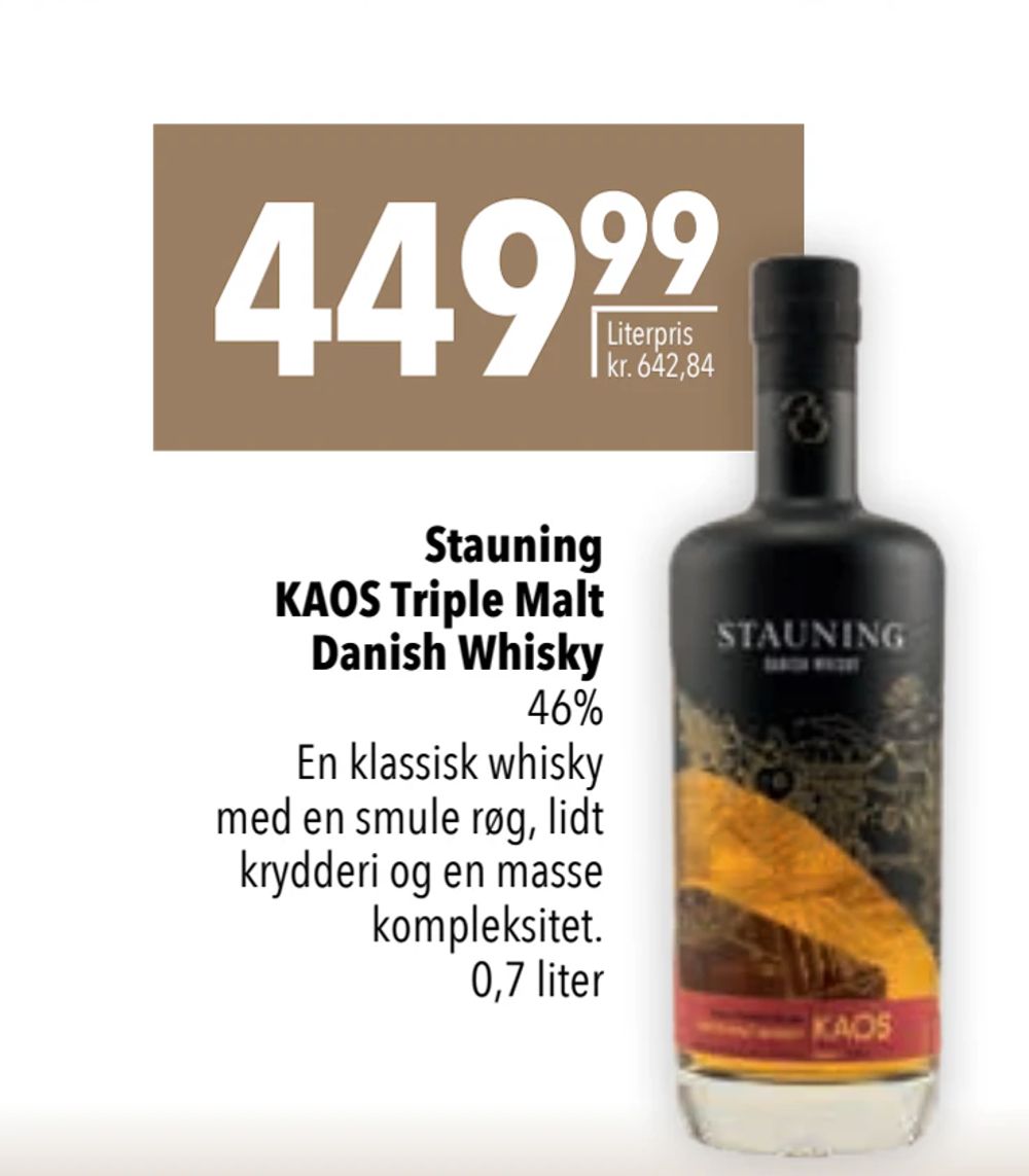 Tilbud på Stauning KAOS Triple Malt Danish Whisky fra CITTI til 449,99 kr.