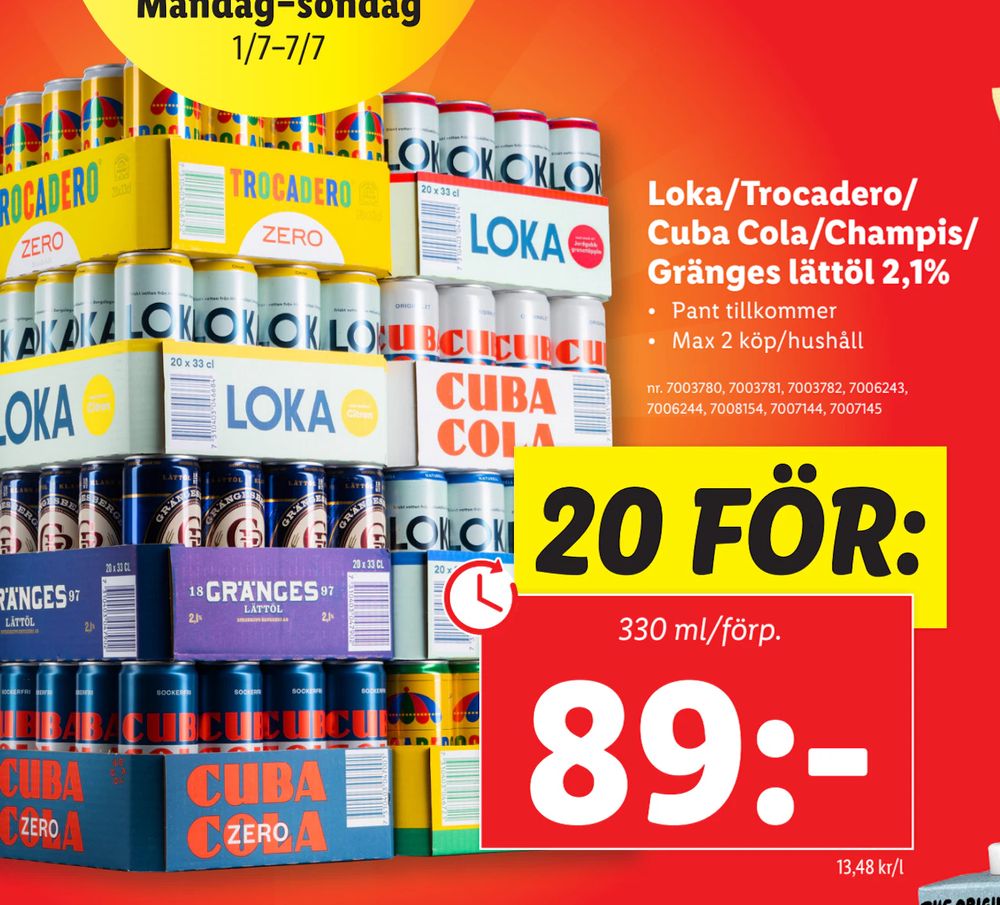 Erbjudanden på Loka/Trocadero/Cuba Cola/Champis/ Gränges lättöl 2,1% från Lidl för 89 kr