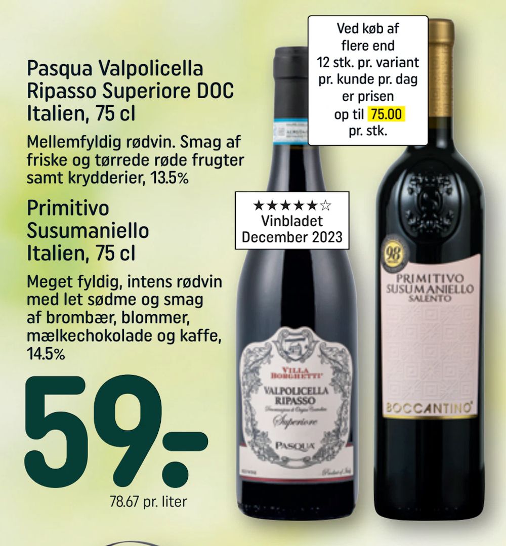 Tilbud på Pasqua Valpolicella Ripasso Superiore DOC Italien, 75 cl fra REMA 1000 til 59 kr.