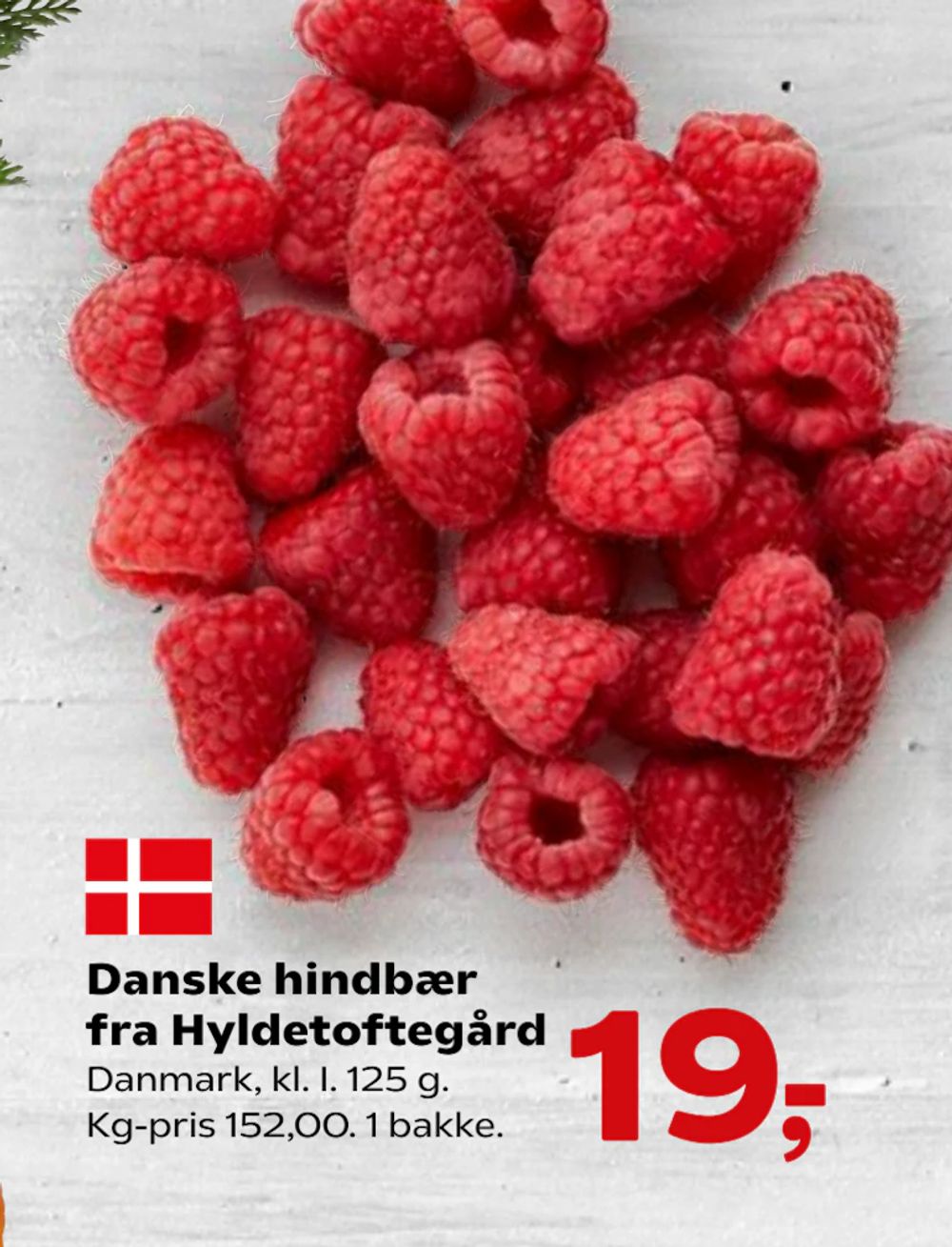 Tilbud på Danske hindbær fra Hyldetoftegård fra Kvickly til 19 kr.