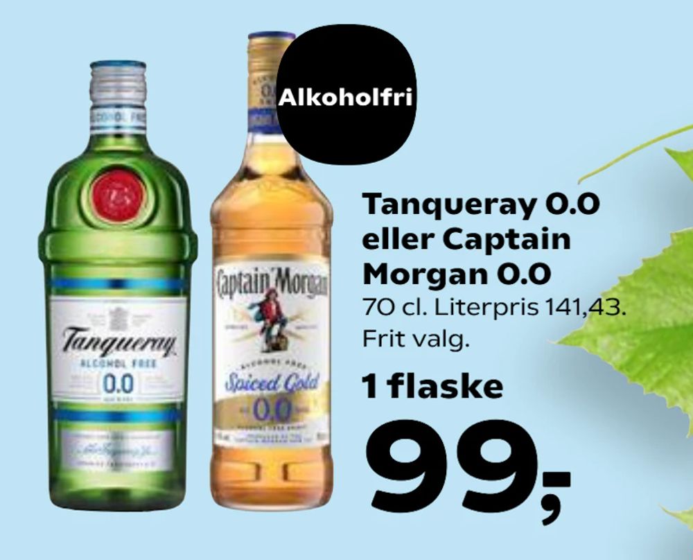 Tilbud på Tanqueray 0.0 eller Captain Morgan 0.0 fra Kvickly til 99 kr.