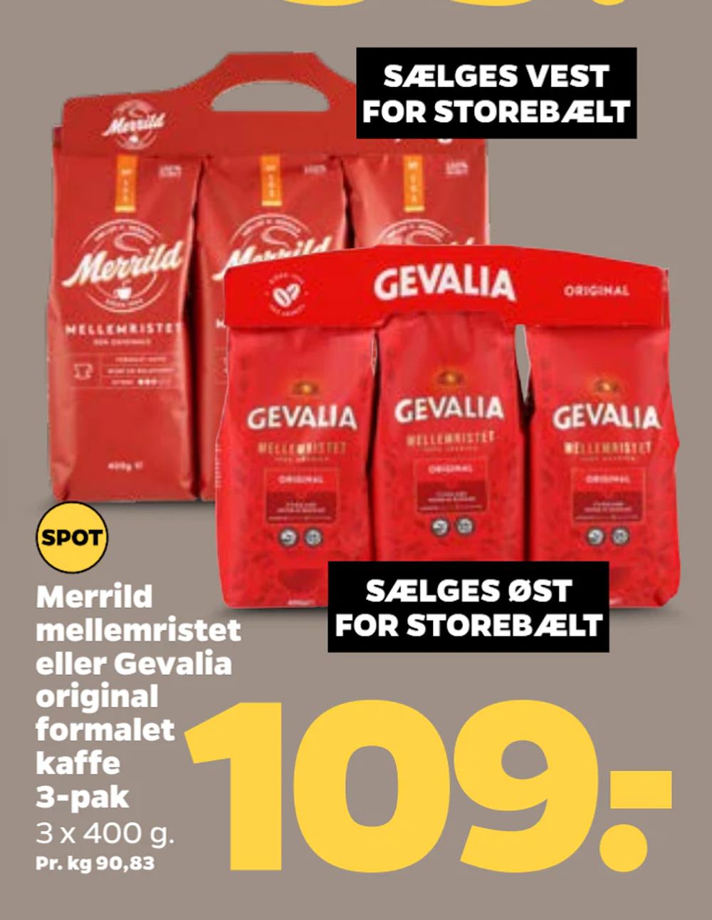 Tilbud på Merrild mellemristet eller Gevalia original formalet kaffe 3-pak fra Netto til 109 kr.