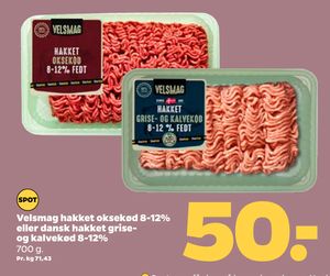 Velsmag hakket oksekød 8-12% eller dansk hakket grise- og kalvekød 8-12%