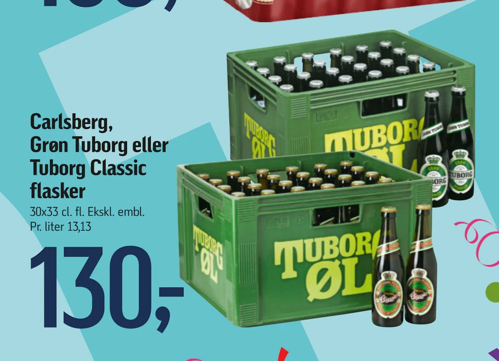 Tilbud på Carlsberg, Grøn Tuborg eller Tuborg Classic flasker fra føtex til 130 kr.