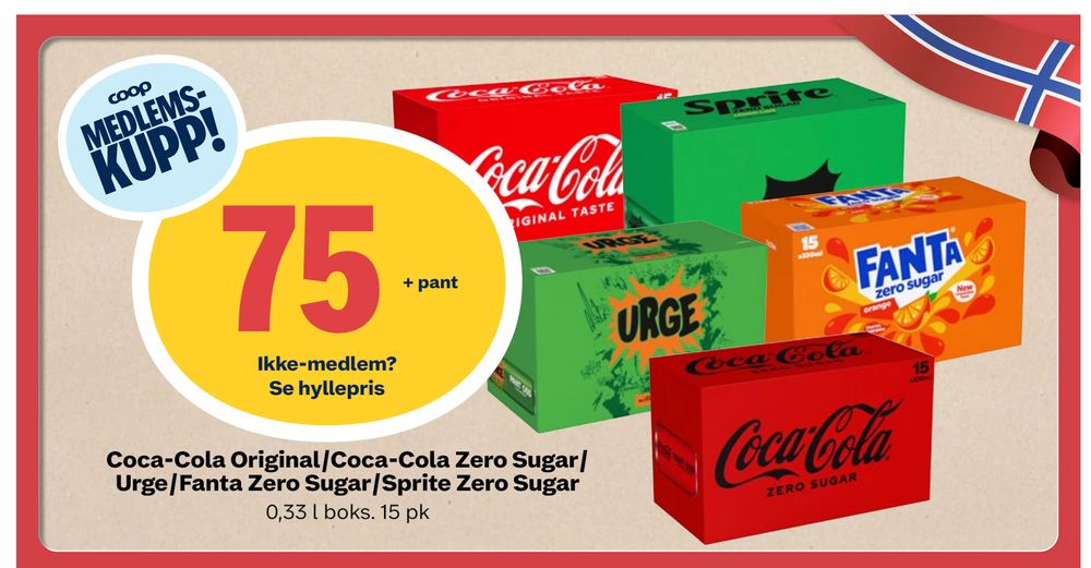 Tilbud på Coca-Cola Original/Coca-Cola Zero Sugar/ Urge/Fanta Zero Sugar/Sprite Zero Sugar fra Coop Marked til 75 kr