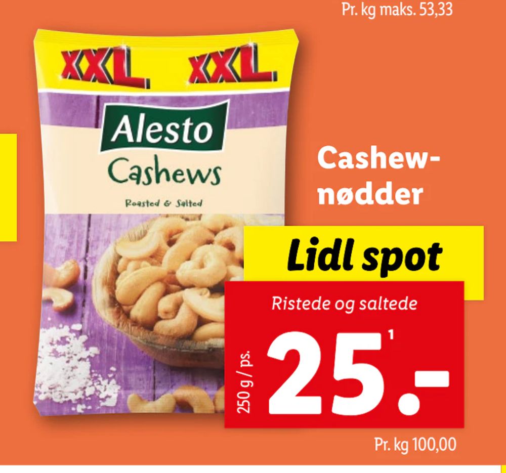 Tilbud på Cashewnødder fra Lidl til 25 kr.