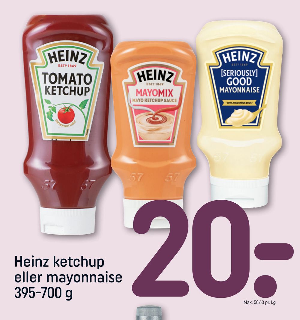 Tilbud på Heinz ketchup eller mayonnaise 395-700 g fra REMA 1000 til 20 kr.