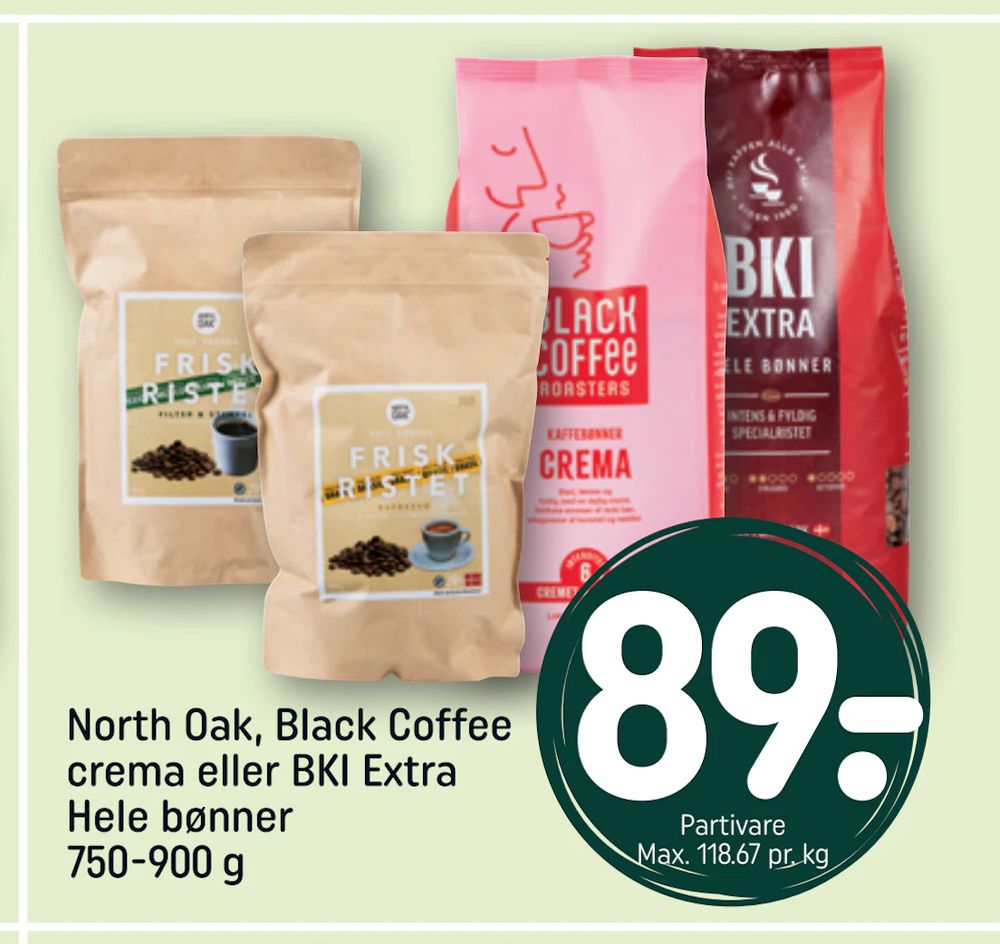 Tilbud på North Oak, Black Coffee crema eller BKI Extra Hele bønner 750-900 g fra REMA 1000 til 89 kr.