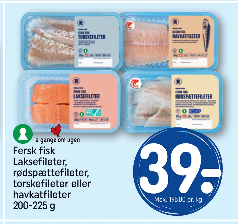Tilbud på Fersk fisk Laksefileter, rødspættefileter, torskefileter eller havkatfileter 200-225 g fra REMA 1000 til 39 kr.