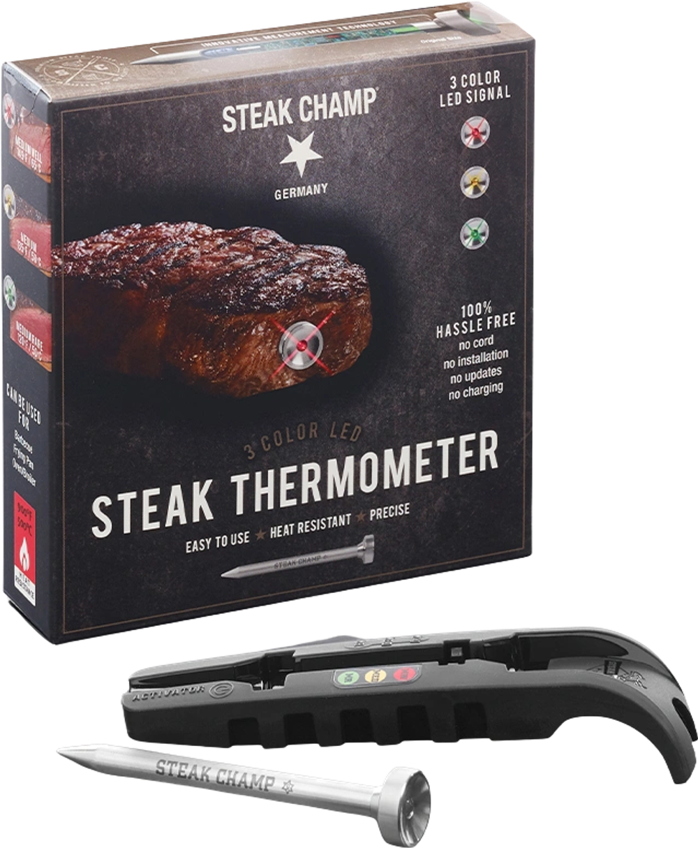 Tilbud på Steak Champ trådløs stegetermometer med 3-farvet LED lys fra Kop & Kande til 299,95 kr.