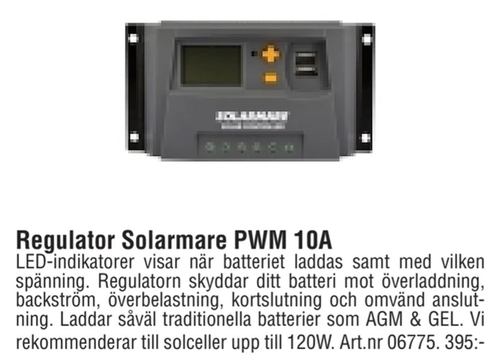 Erbjudanden på Regulator Solarmare PWM 10A från Erlandsons Brygga för 395 kr