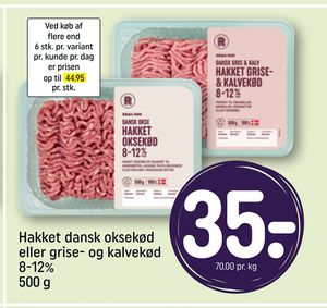 Hakket dansk oksekød eller grise- og kalvekød 8-12% 500 g