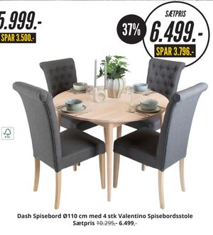 Dash Spisebord Ø110 cm med 4 stk Valentino Spisebordsstole Sætpris