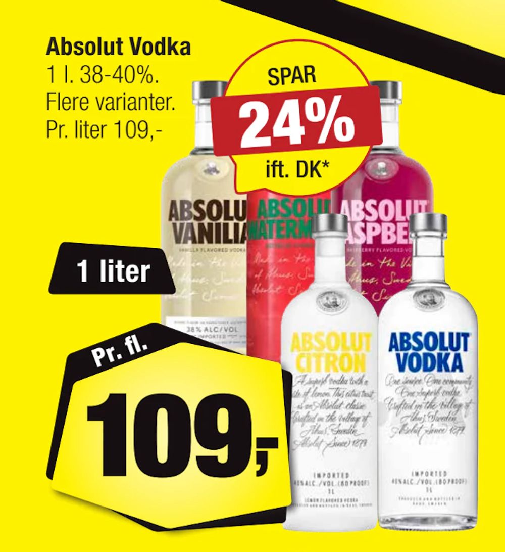 Tilbud på Absolut Vodka fra Calle til 109 kr.