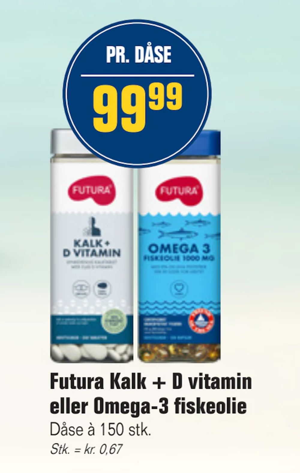 Tilbud på Futura Kalk + D vitamin eller Omega-3 fiskeolie fra Otto Duborg til 99,99 kr.