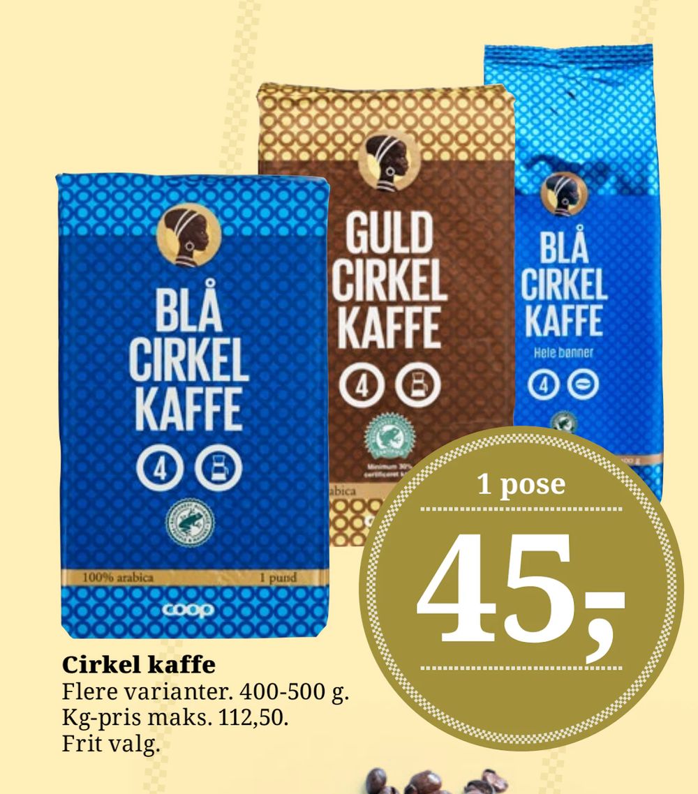 Tilbud på Cirkel kaffe fra Brugsen til 45 kr.