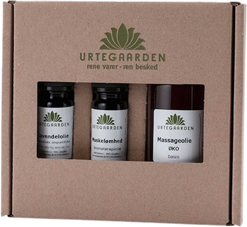 Tilbud på Massagesæt basis 10 ml Lavendel,10ml muskelømhed+100 ml massageolie (Urtegaarden) fra Helsam til 159 kr.