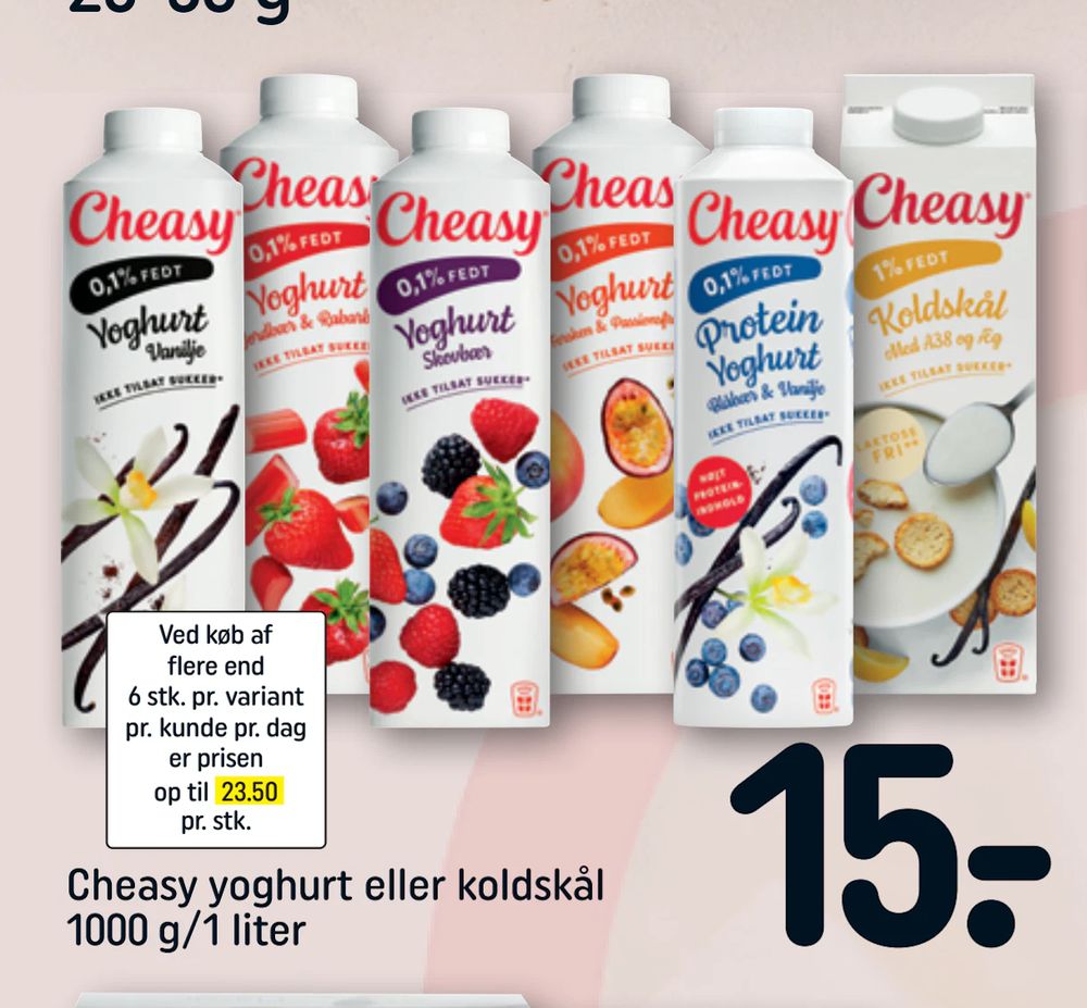 Tilbud på Cheasy yoghurt eller koldskål 1000 g/1 liter fra REMA 1000 til 15 kr.
