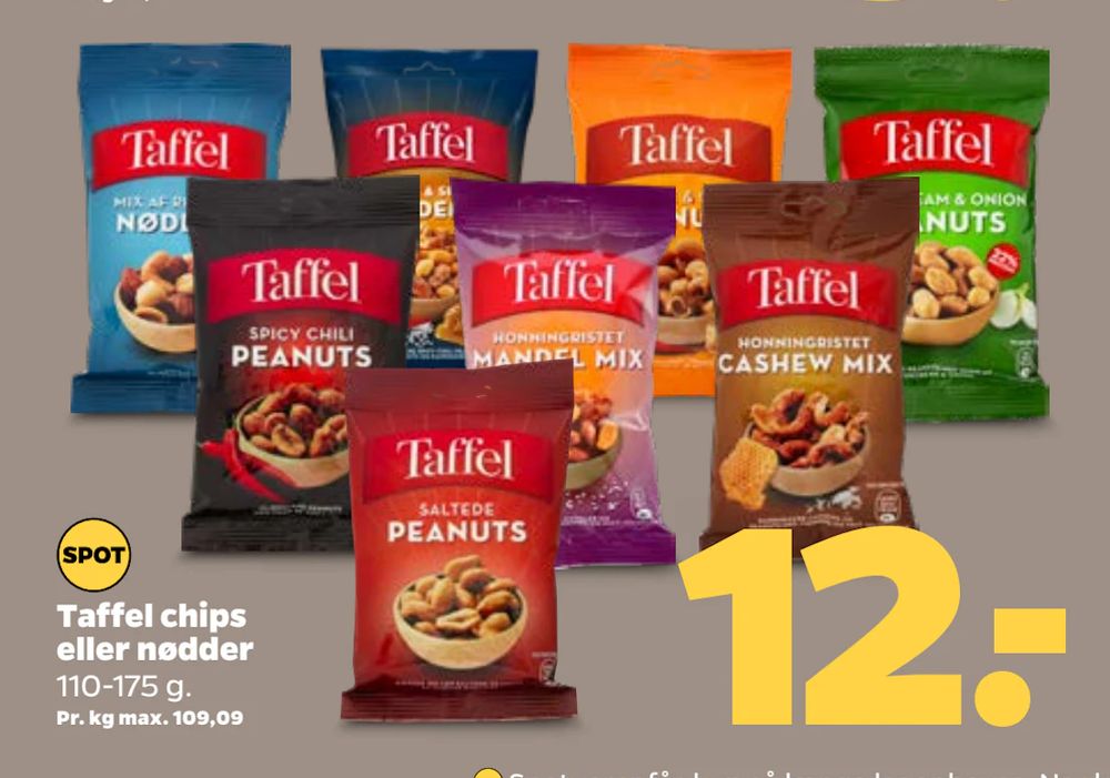 Tilbud på Taffel chips eller nødder fra Netto til 12 kr.