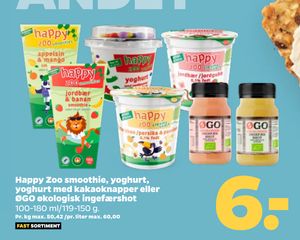 Happy Zoo smoothie, yoghurt, yoghurt med kakaoknapper eller ØGO økologisk ingefærshot