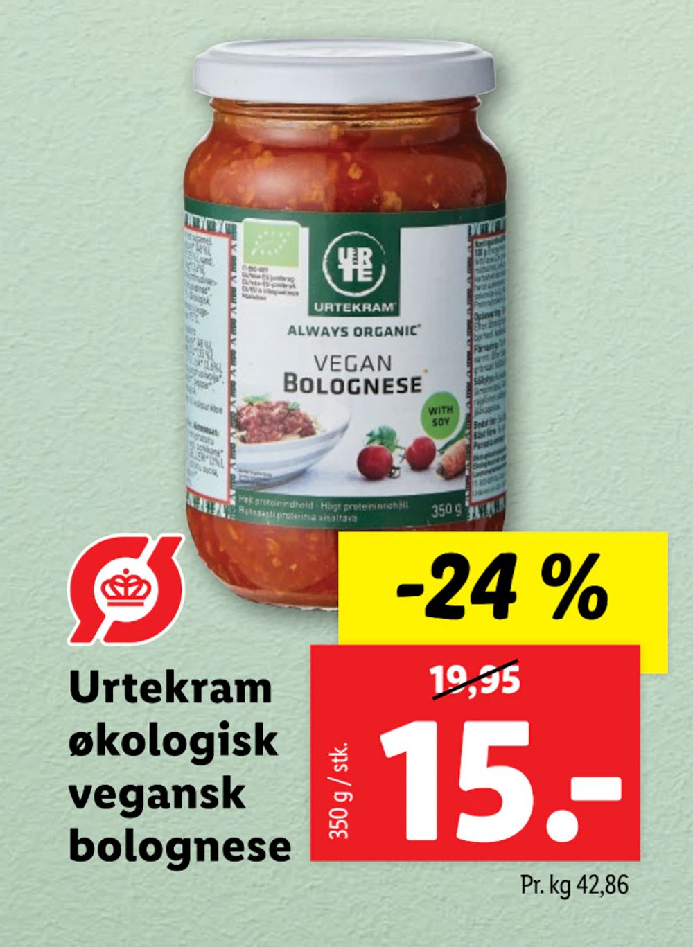Tilbud på Urtekram økologisk vegansk bolognese fra Lidl til 15 kr.
