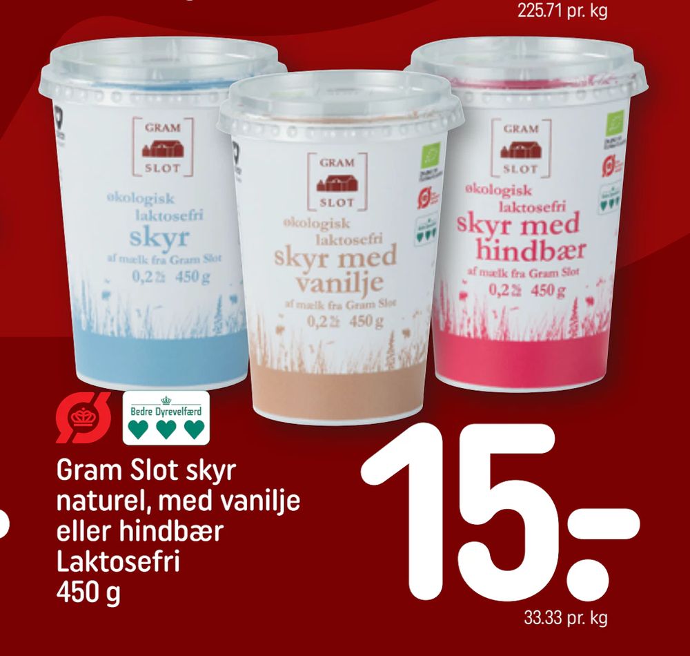 Tilbud på Gram Slot skyr naturel, med vanilje eller hindbær Laktosefri 450 g fra REMA 1000 til 15 kr.