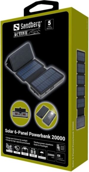 Sandberg Active 6-Panel - Solarstrømbank - Li-pol - 20000 mAh - 74 Wh - 3 A - PD - 3 output-stikforbindelser (2 x USB, 24 pin USB-C) - på kabel: USB-C