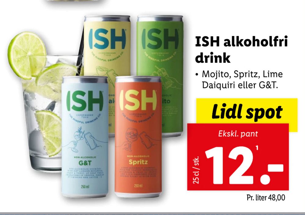 Tilbud på ISH alkoholfri drink fra Lidl til 12 kr.