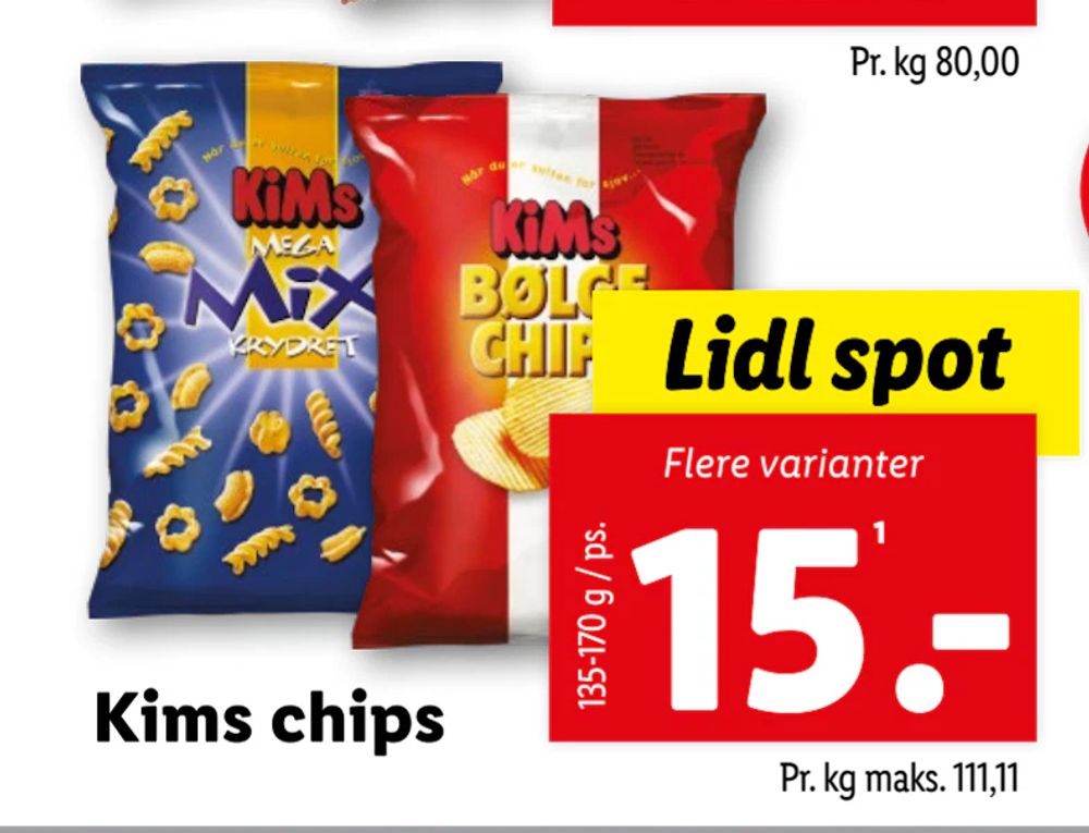 Tilbud på Kims chips fra Lidl til 15 kr.