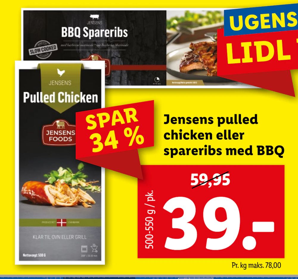 Tilbud på Jensens pulled chicken eller spareribs med BBQ fra Lidl til 39 kr.