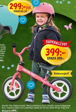 Nordic Hoj Balanscykel Med justerbart styre, styrlås, tysta kullagrade hjul, massiva däck och justerbar sadel 32-42 cm