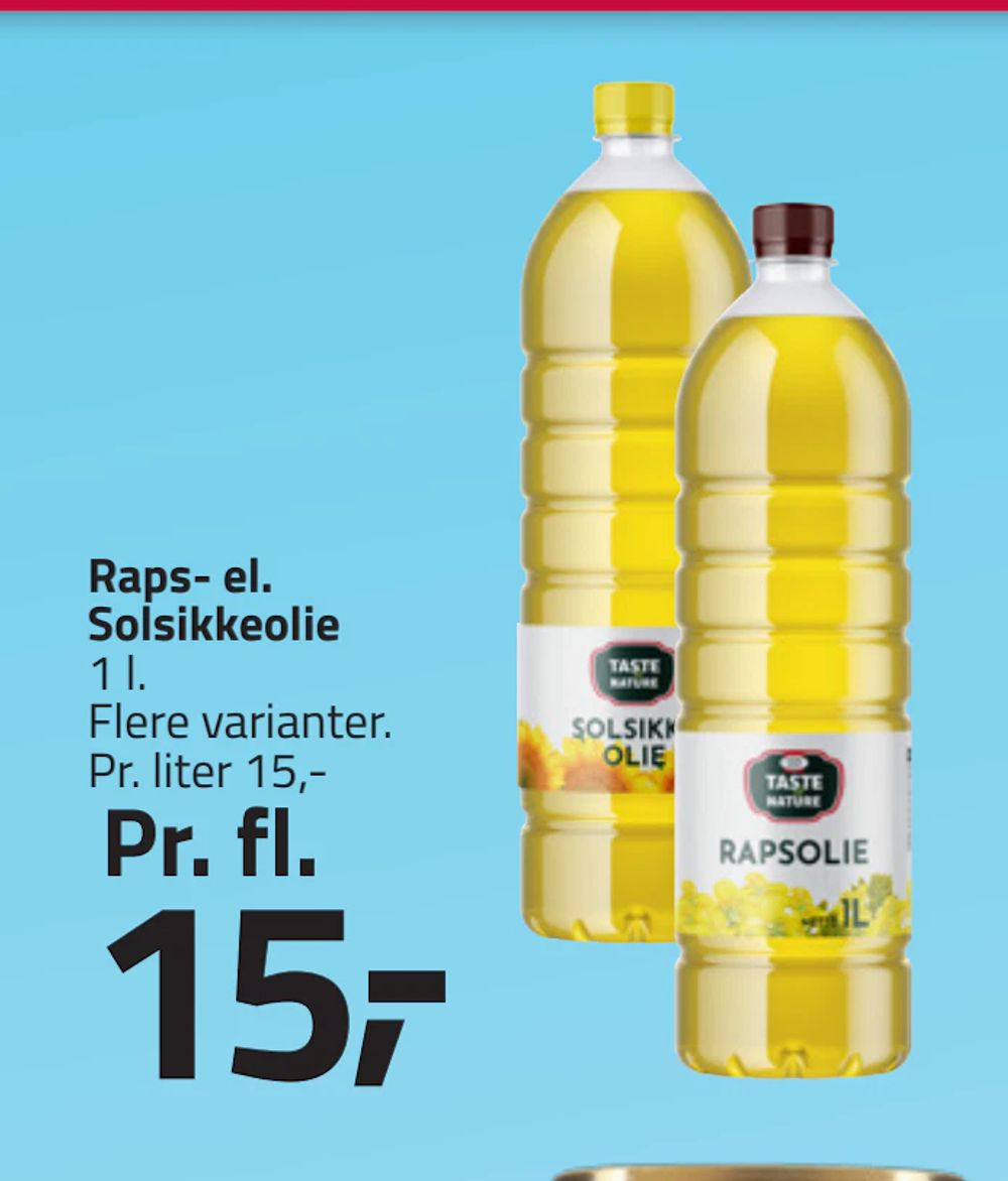 Tilbud på Raps- el. Solsikkeolie fra Fleggaard til 15 kr.