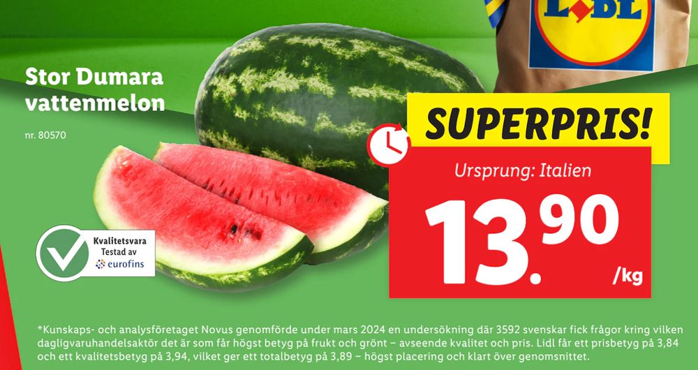 Erbjudanden på Stor Dumara vattenmelon från Lidl för 13,90 kr