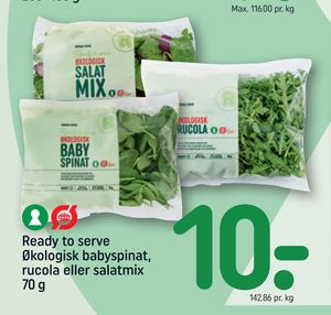 Ready to serve Økologisk babyspinat, rucola eller salatmix 70 g