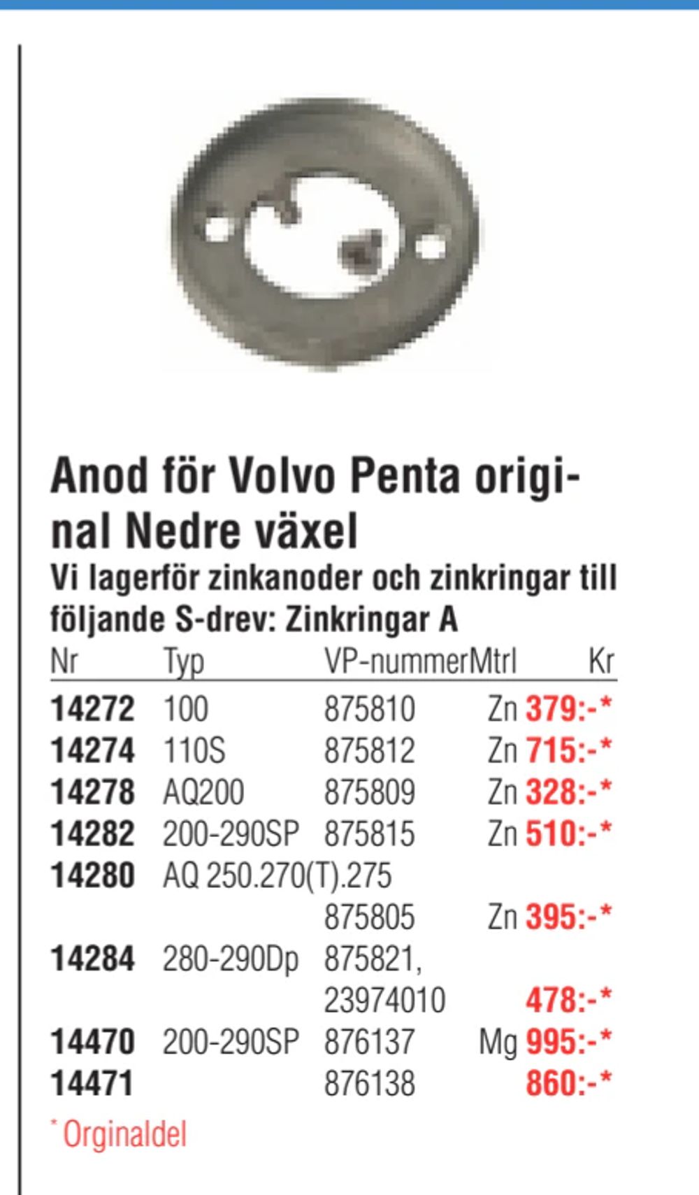 Erbjudanden på Anod för Volvo Penta original Nedre växel från Erlandsons Brygga för 395 kr