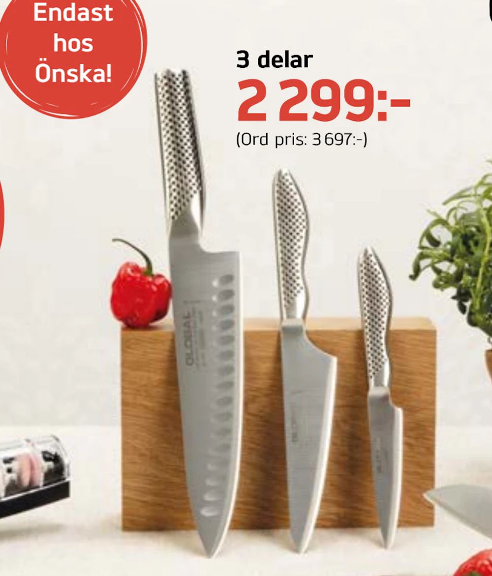 Erbjudanden på Knivset 3 delar, olivslipad kockkniv 20 cm, kockkniv 13 cm och skalkniv 9 cm från Önska för 2 299 kr