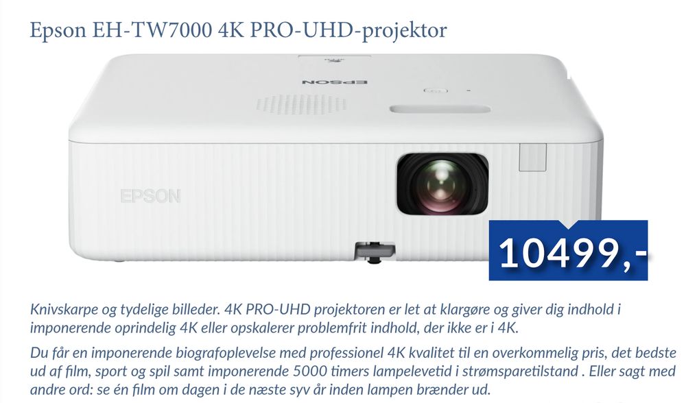 Tilbud på Epson EH-TW7000 4K PRO-UHD-projektor fra CBC IT til 10.499 kr.