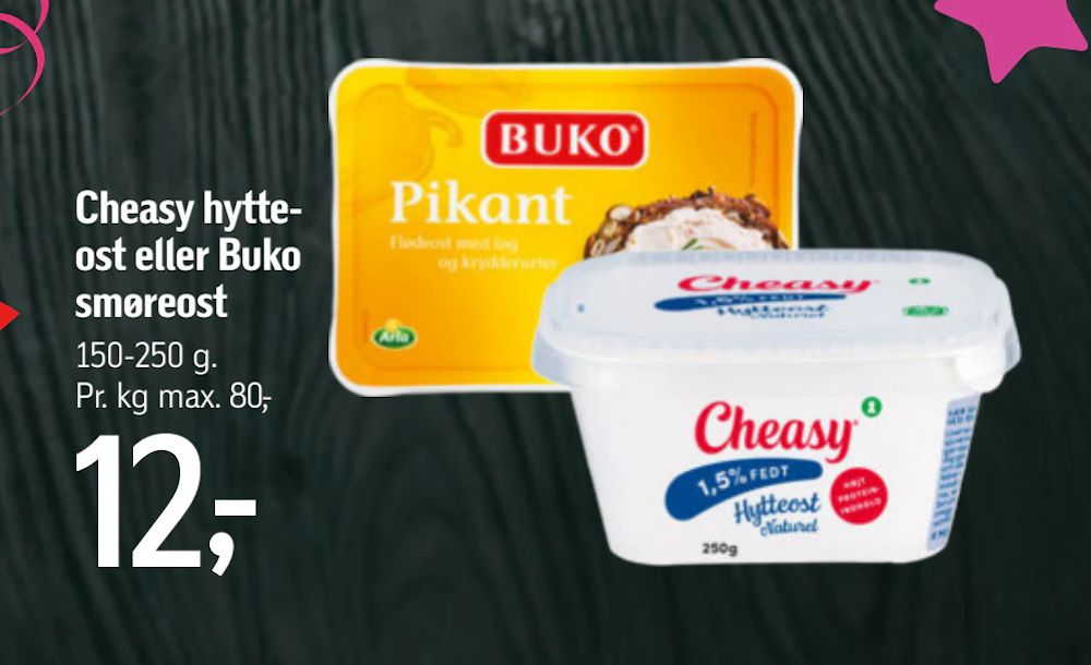 Tilbud på Cheasy hytteost eller Buko smøreost fra føtex til 12 kr.