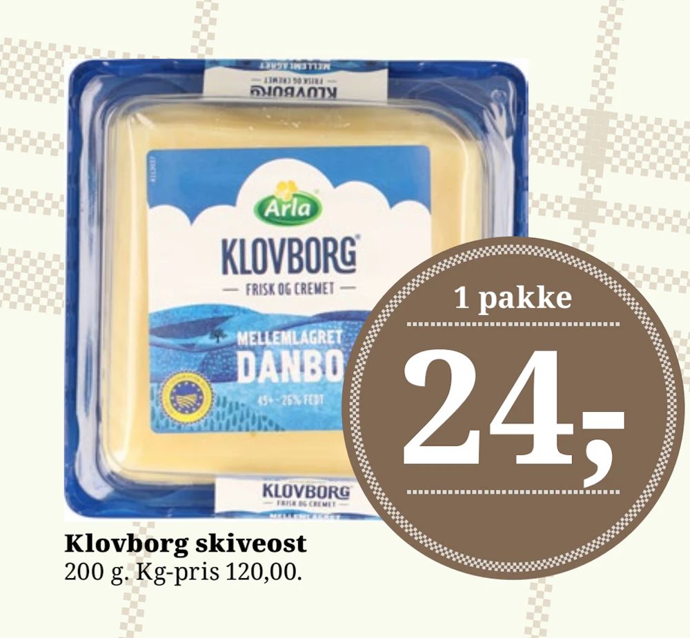 Tilbud på Klovborg skiveost fra Brugsen til 24 kr.