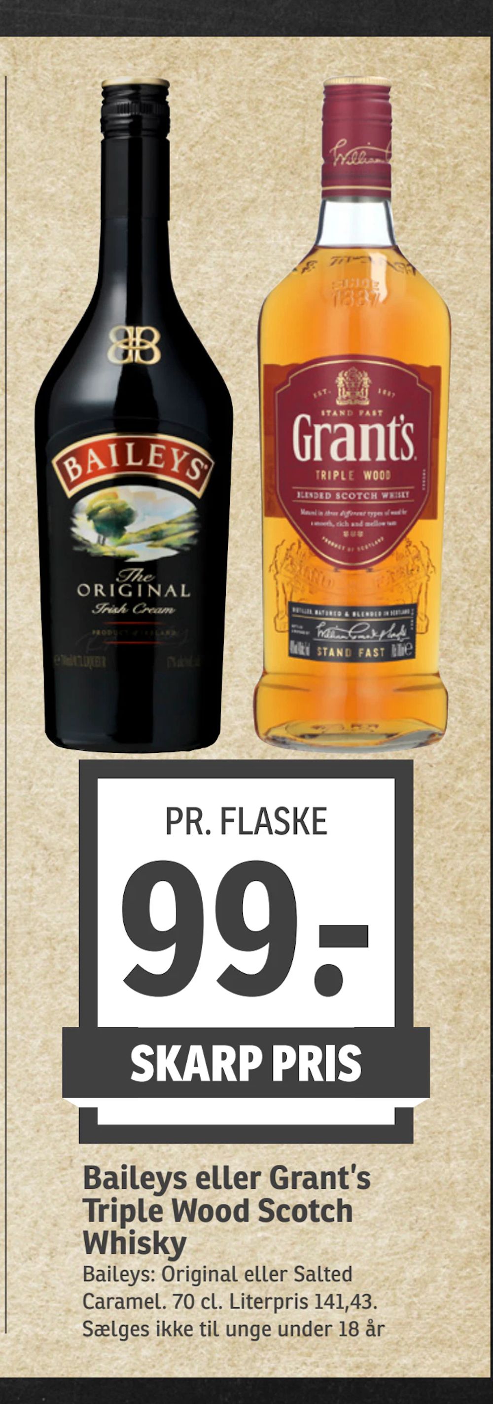 Tilbud på Baileys eller Grant’s Triple Wood Scotch Whisky fra SPAR til 99 kr.